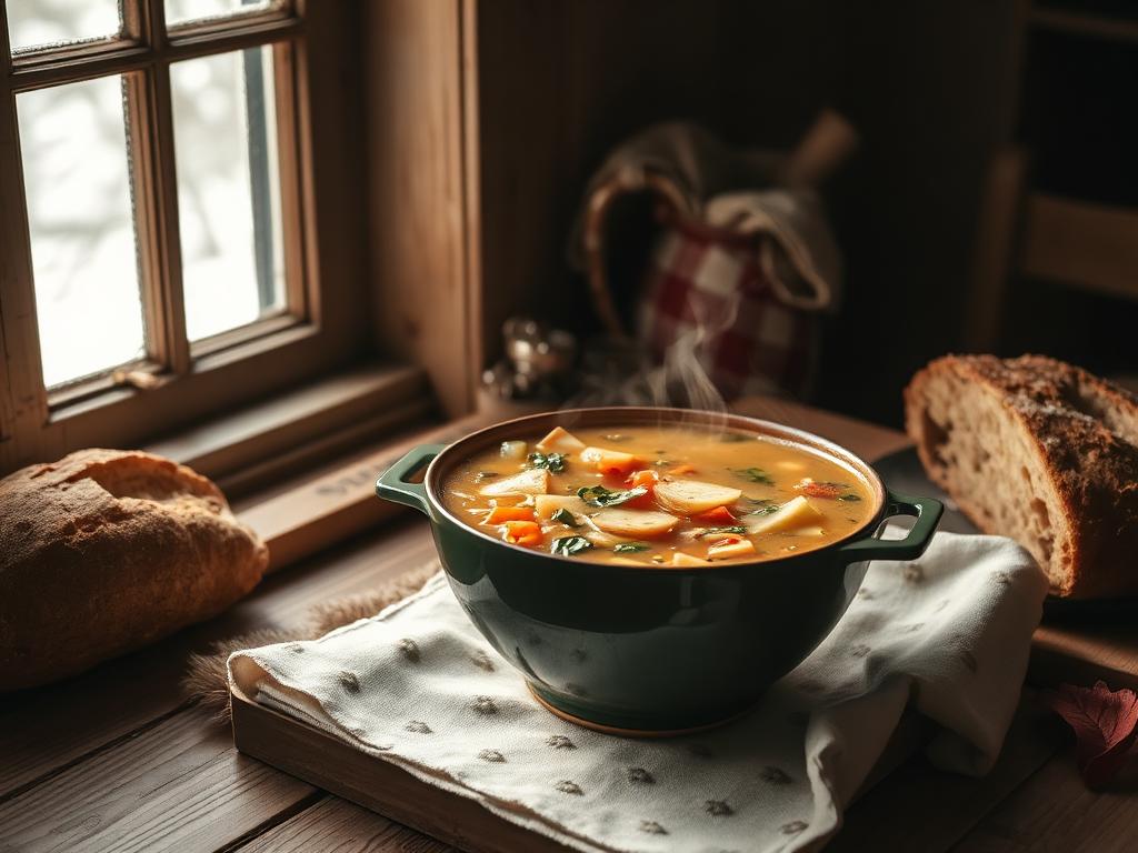 Dampende kom groentesoep met brood op een houten tafel bij het raam