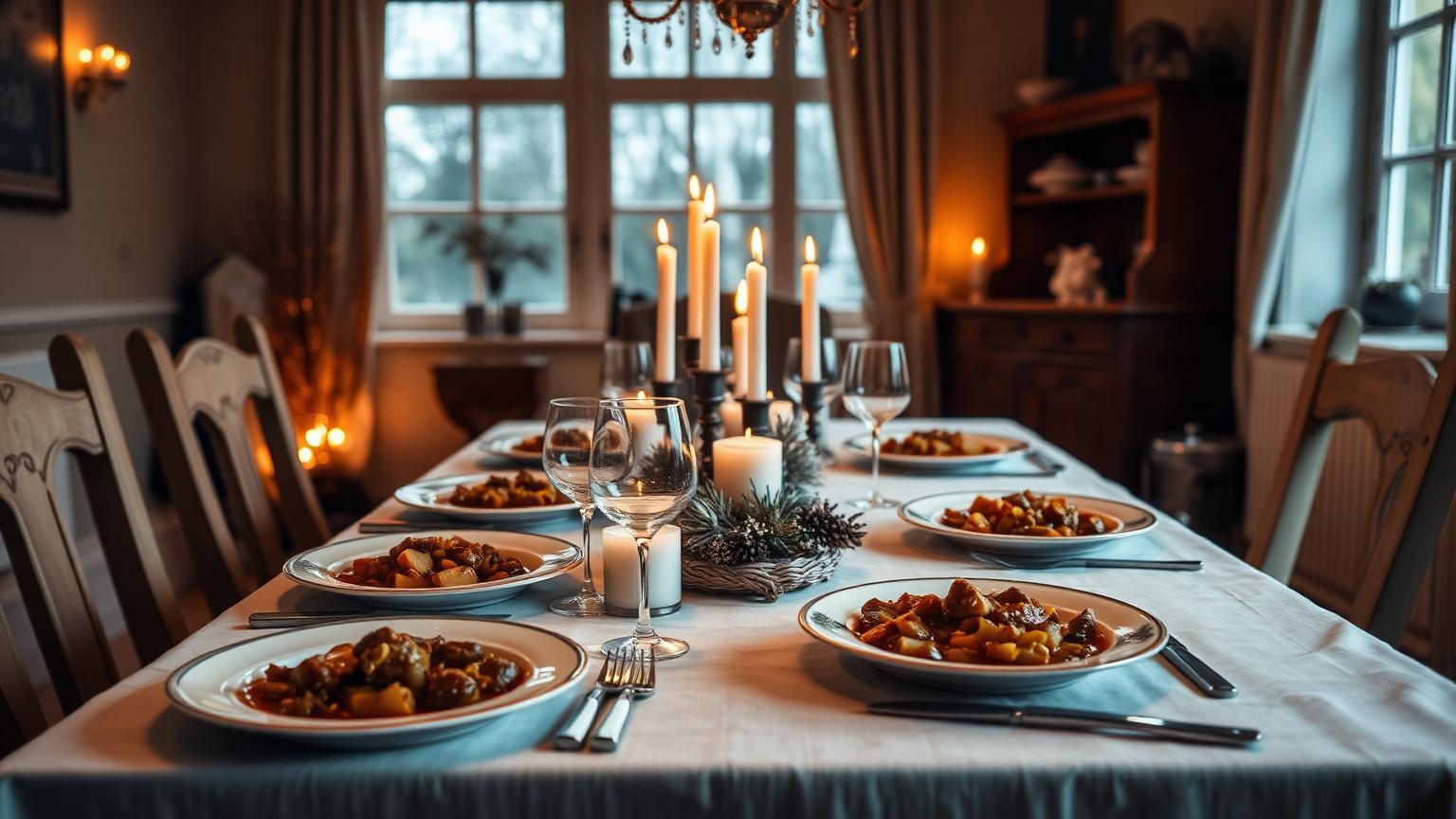 Gedekte wintertafel met Vlaamse stoofpot, kaarslicht en gezelligheid
